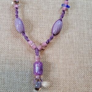 Pink & Purple Lampwork Glass Beaded Macrame Necklace Handmade by Lynn Smythe